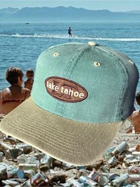 vintage Lake Tahoe Embroidered Patch Cap - Teal & Khaki buckle back
